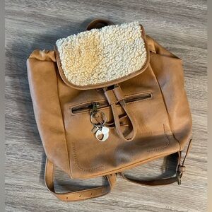 Tan Leather Backpack with Shearling Flap